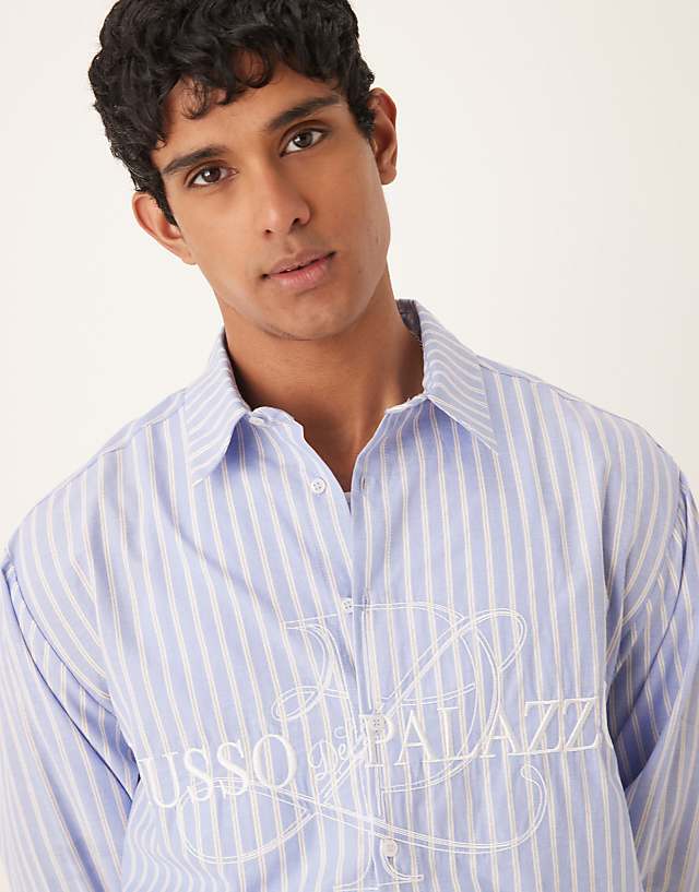 Asos ASOS DESIGN Boxy Oversized Striped Shirt With Embroidery In Blue