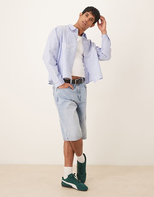 Asos ASOS DESIGN Boxy Oversized Striped Shirt With Embroidery In Blue