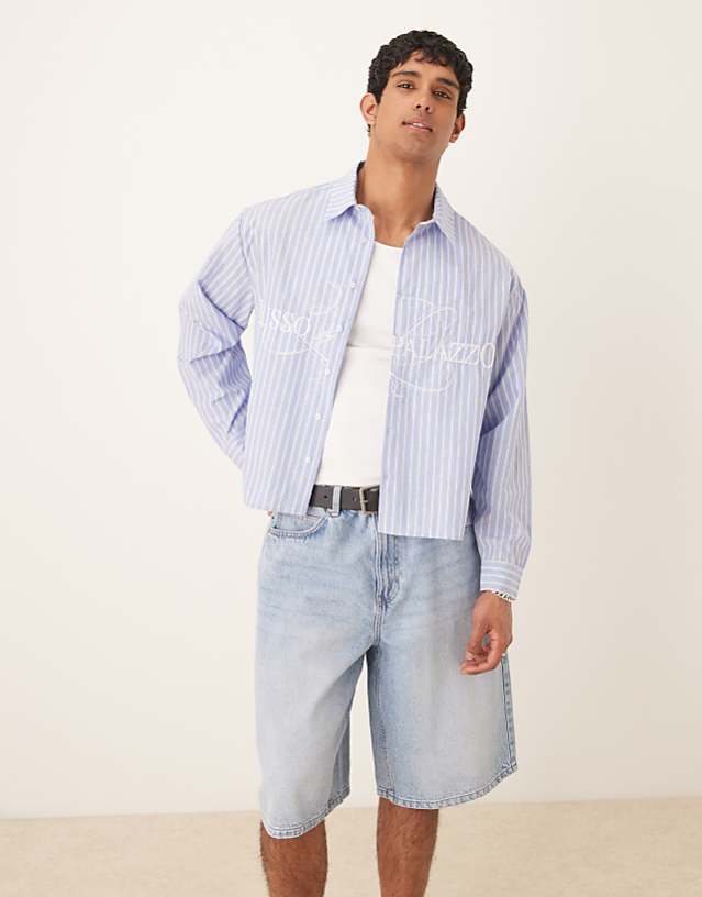 asos ASOS DESIGN boxy oversized striped shirt with embroidery in blue