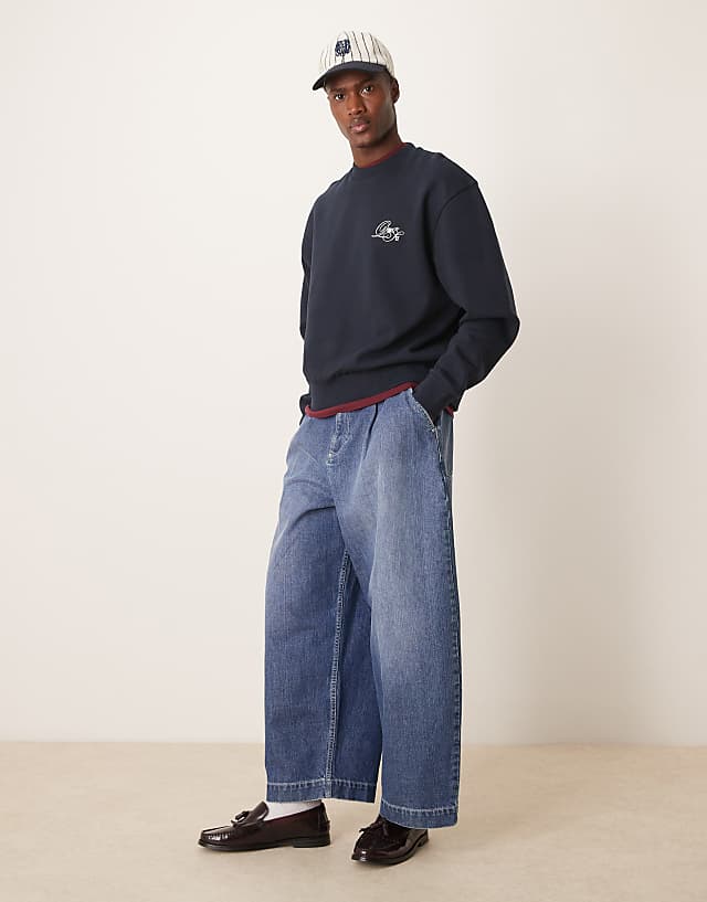 Asos ASOS DESIGN Boxy Oversized Sweatshirt With Chest Embroidery In Navy