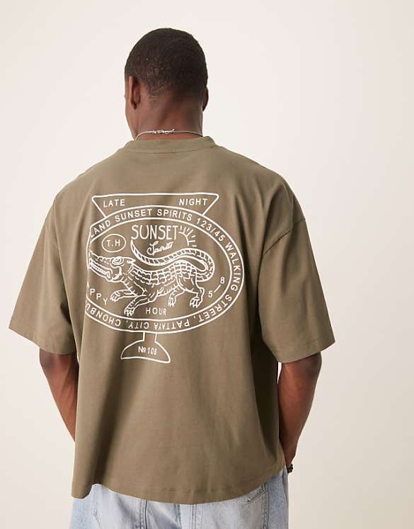 asos ASOS DESIGN boxy oversized t-shirt with back city graphic in khaki