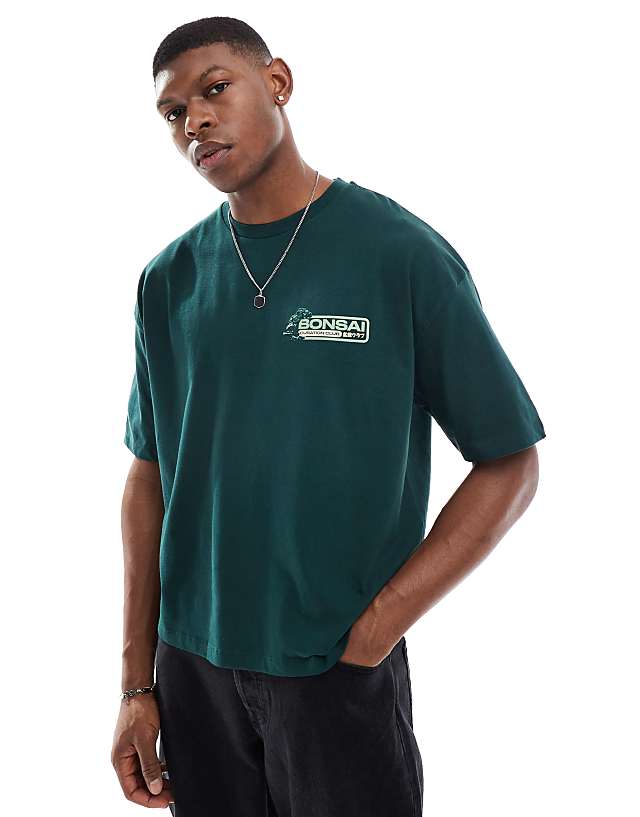 Asos ASOS DESIGN Boxy Oversized T-shirt With Bonsai Graphic In Dark Green