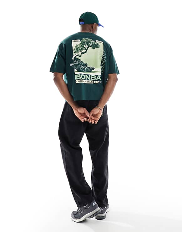 asos ASOS DESIGN boxy oversized t-shirt with bonsai graphic in dark green