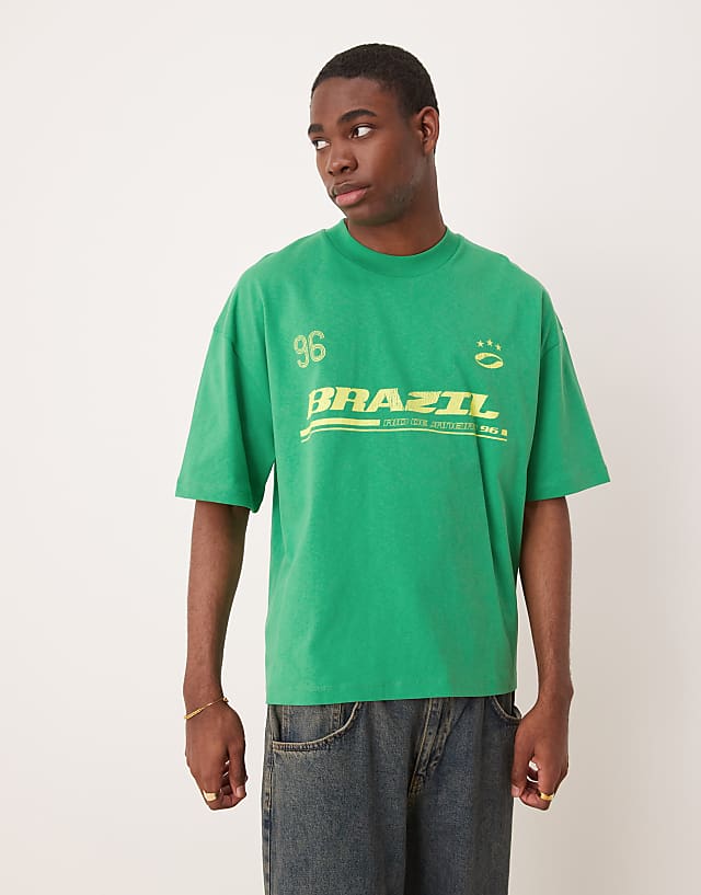 asos ASOS DESIGN boxy oversized t-shirt with Brasil sports graphic in green
