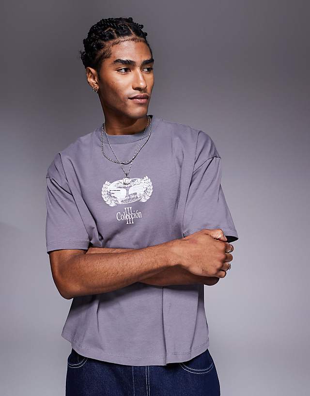 Asos ASOS DESIGN Boxy Oversized T-shirt With Cherub Street Graphic In Charcoal
