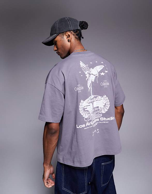 asos ASOS DESIGN boxy oversized t-shirt with cherub street graphic in charcoal