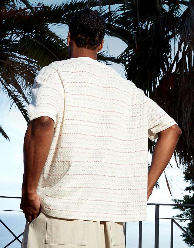 Asos ASOS DESIGN Boxy Oversized T-shirt With Chest Embroidery In Neutral Texture Stripe