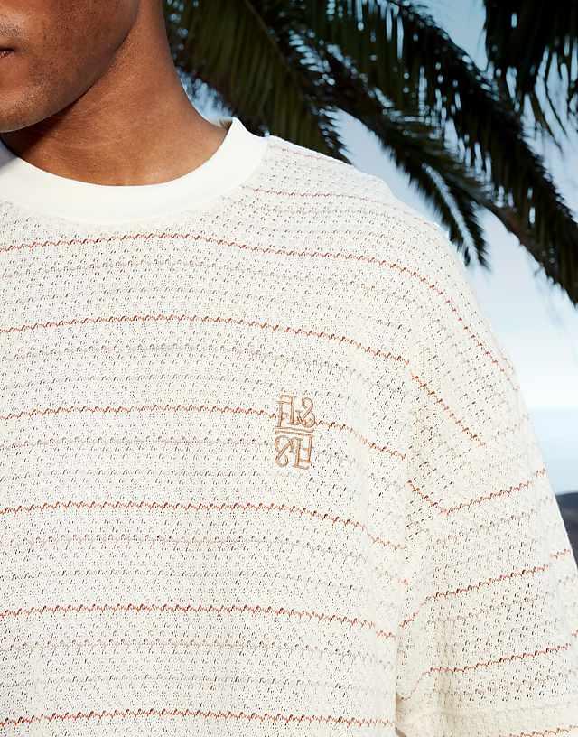 Asos ASOS DESIGN Boxy Oversized T-shirt With Chest Embroidery In Neutral Texture Stripe