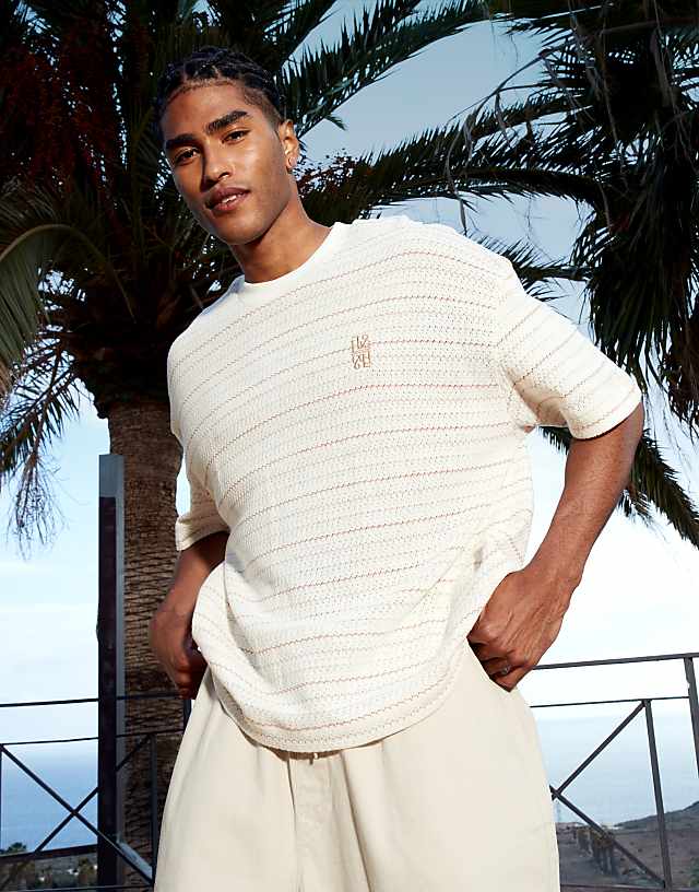 asos ASOS DESIGN boxy oversized t-shirt with chest embroidery in neutral texture stripe