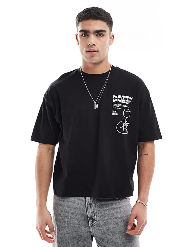 Asos ASOS DESIGN Boxy Oversized T-shirt With Drinks Graphic In Black