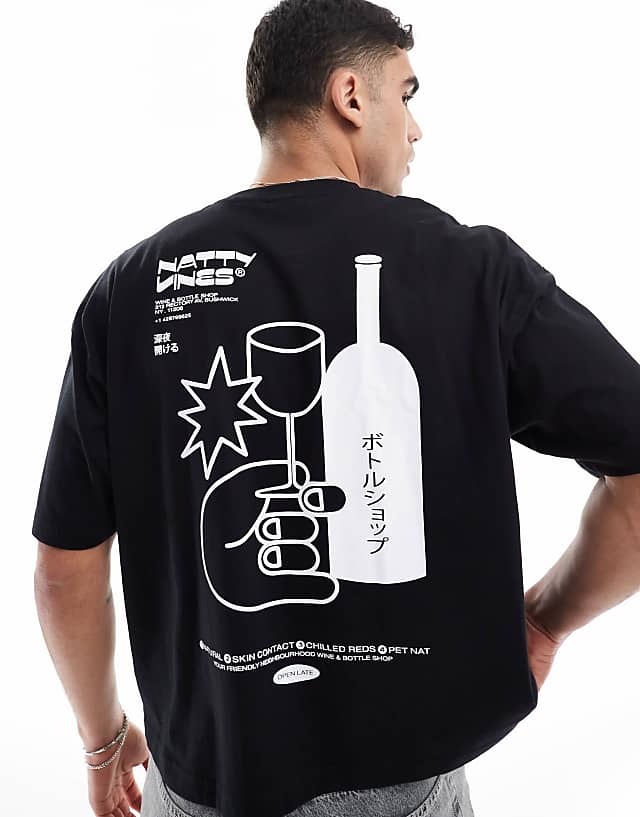 asos ASOS DESIGN boxy oversized t-shirt with drinks graphic in black