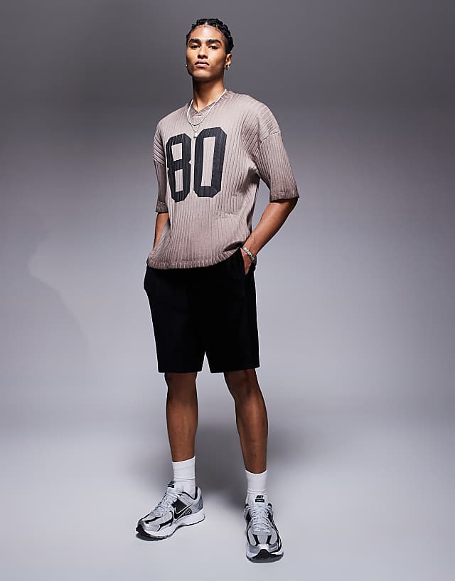 Asos ASOS DESIGN Boxy Oversized T-shirt With Dropped Shoulder And Number Graphic In Washed Brown Rib
