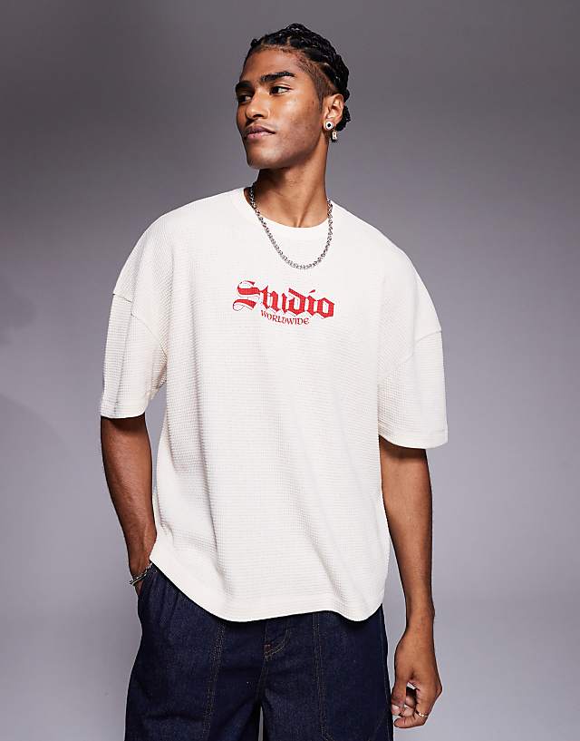 Asos ASOS DESIGN Boxy Oversized T-shirt With Dropped Shoulder And Text Graphic In Beige Waffle