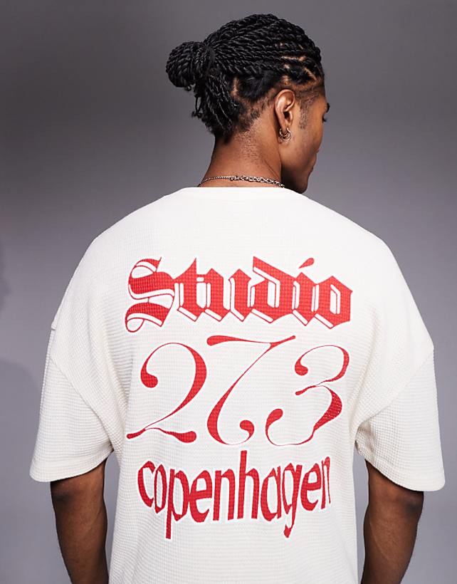Asos ASOS DESIGN Boxy Oversized T-shirt With Dropped Shoulder And Text Graphic In Beige Waffle