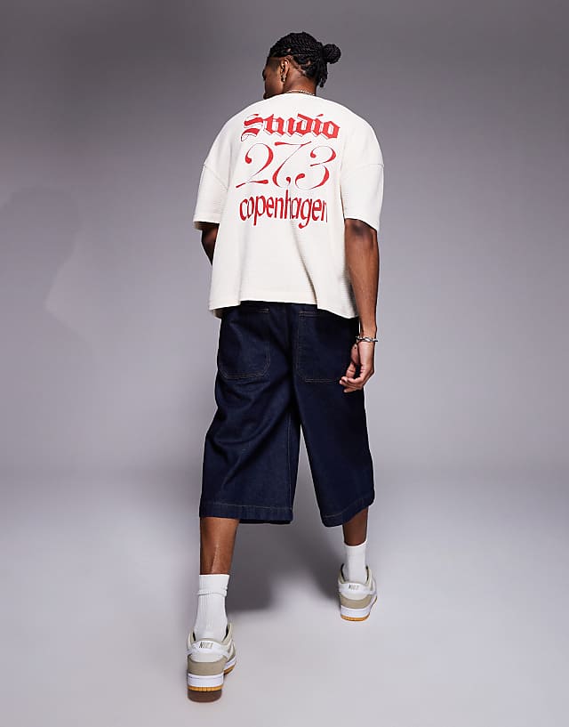 Asos ASOS DESIGN Boxy Oversized T-shirt With Dropped Shoulder And Text Graphic In Beige Waffle