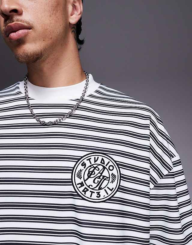 Asos ASOS DESIGN Boxy Oversized T-shirt With Dropped Shoulder And Chest Embroidery In Black And White Stripe