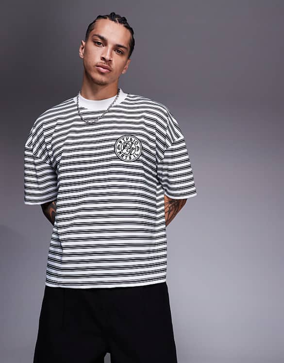 asos ASOS DESIGN boxy oversized t-shirt with dropped shoulder and chest embroidery in black and white stripe