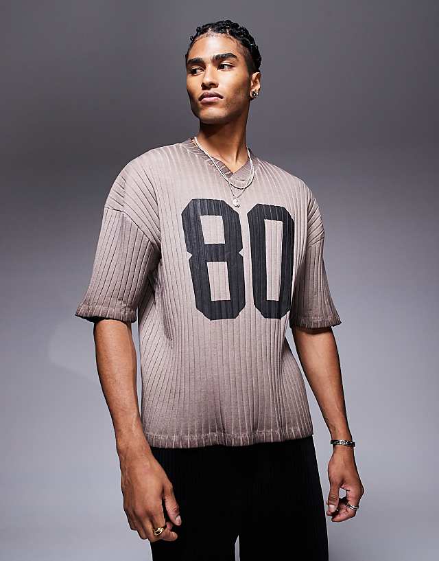 asos ASOS DESIGN boxy oversized t-shirt with dropped shoulder and number graphic in washed brown rib