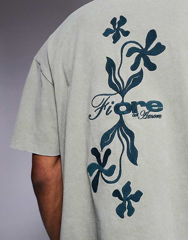 Asos ASOS DESIGN Boxy Oversized T-shirt With Floral Embroidery In Washed Khaki