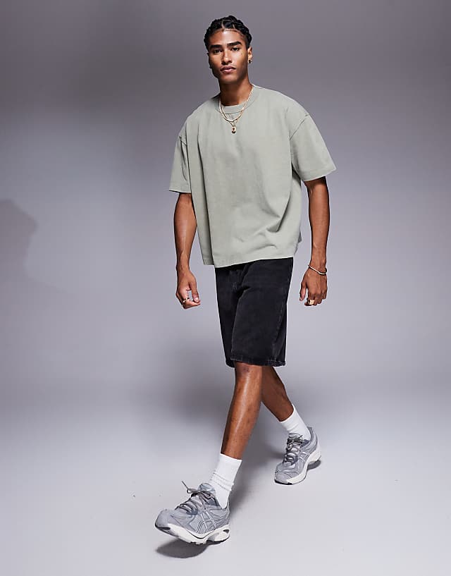 Asos ASOS DESIGN Boxy Oversized T-shirt With Floral Embroidery In Washed Khaki