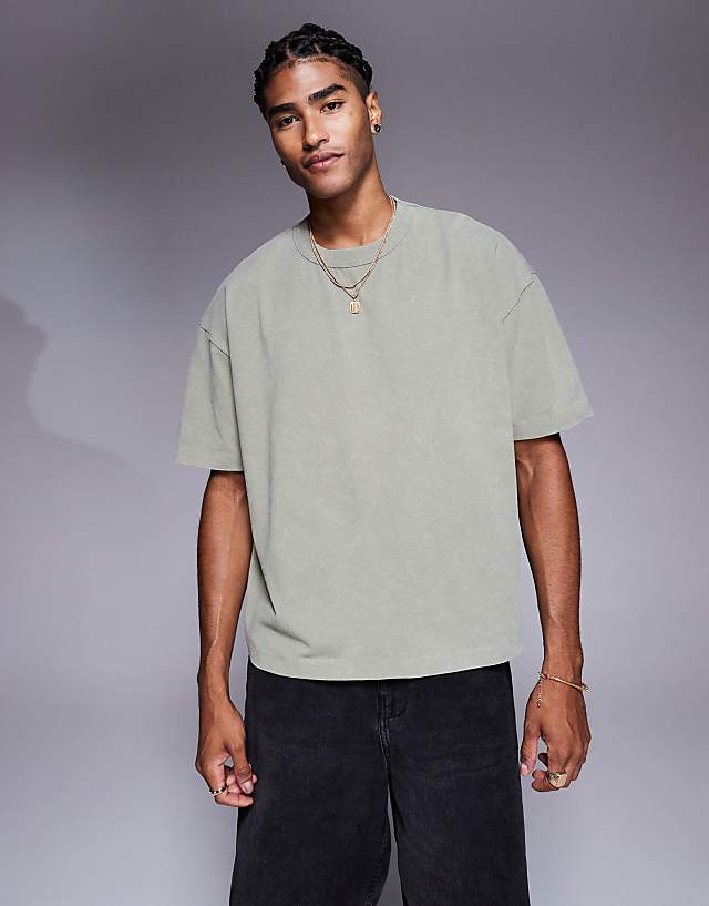 Asos ASOS DESIGN Boxy Oversized T-shirt With Floral Embroidery In Washed Khaki