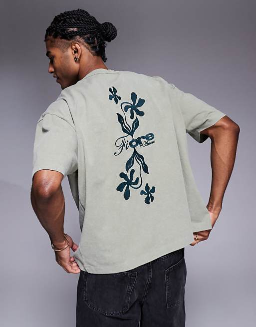 asos ASOS DESIGN boxy oversized t-shirt with floral embroidery in washed khaki