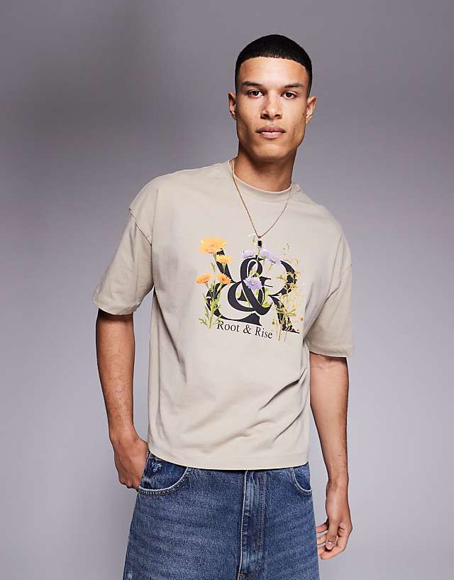asos ASOS DESIGN boxy oversized t-shirt with floral front print in beige