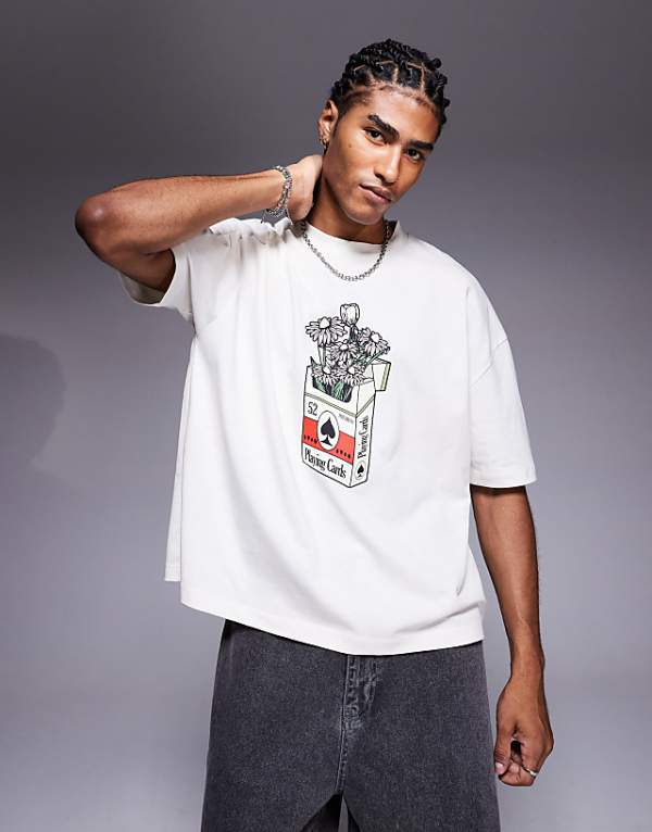 asos ASOS DESIGN boxy oversized t-shirt with flower graphic in off white