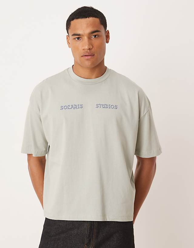 Asos ASOS DESIGN Boxy Oversized T-shirt With Front And Back Text Graphic In Light Grey