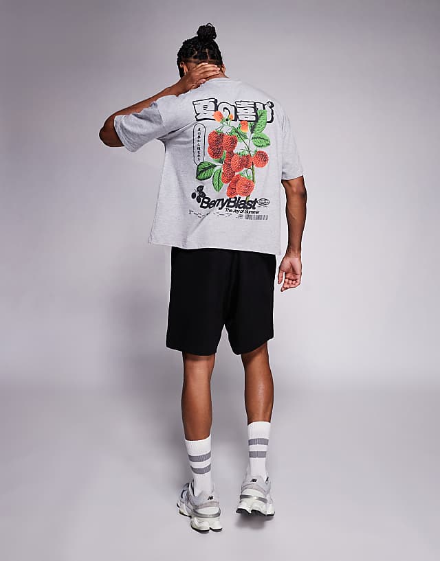 Asos ASOS DESIGN Boxy Oversized T-shirt With Front And Back Fruit Print In Grey Marl