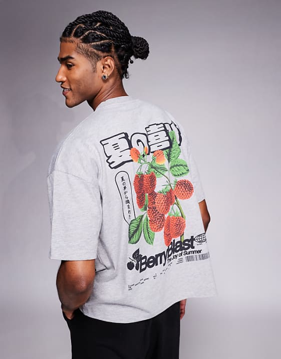 asos ASOS DESIGN boxy oversized t-shirt with front and back fruit print in grey marl