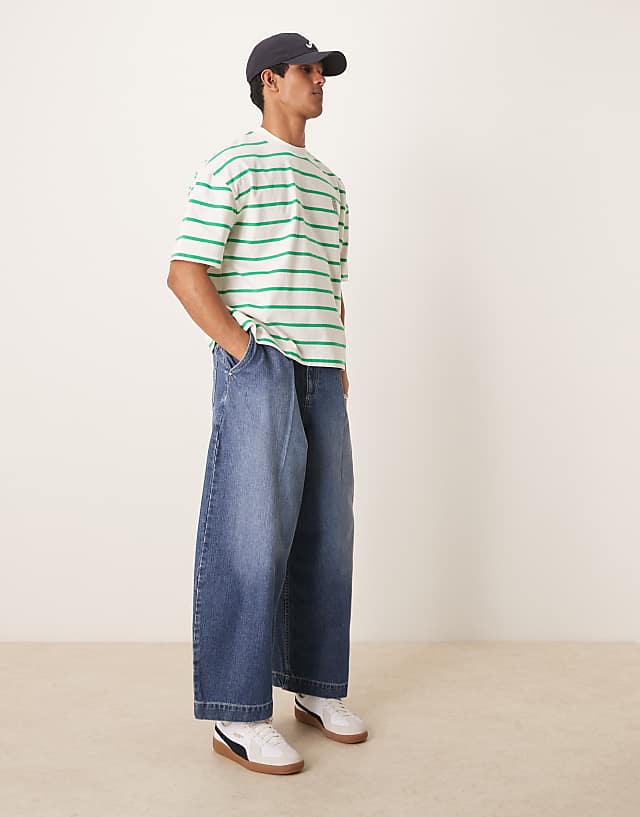Asos ASOS DESIGN Boxy Oversized T-shirt With Logo Embroidery In Green And White Stripe