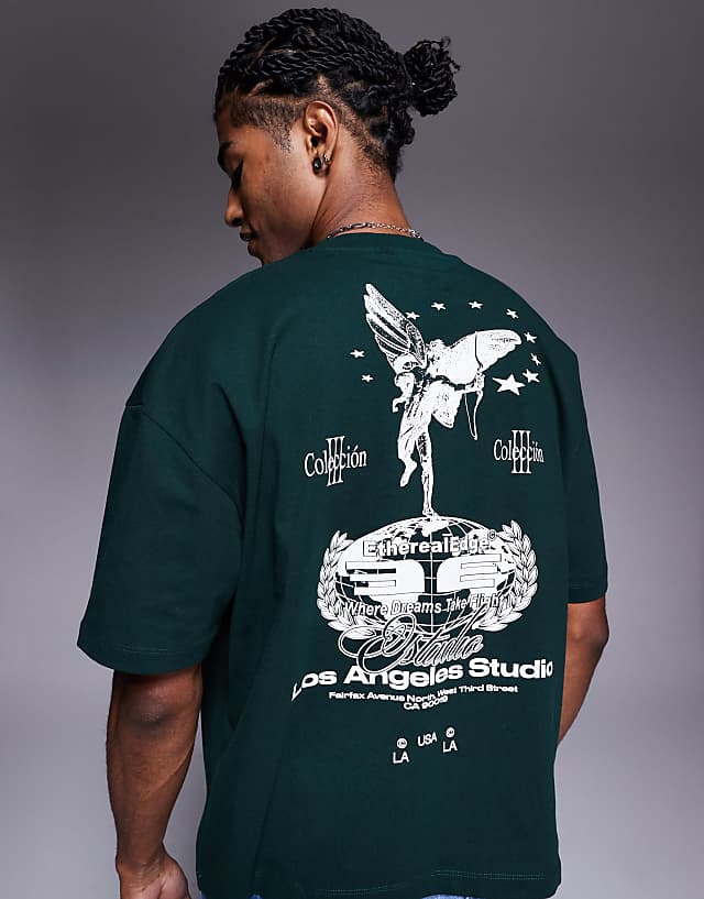 Asos ASOS DESIGN Boxy Oversized T-shirt With Los Angeles Graphic In Dark Green