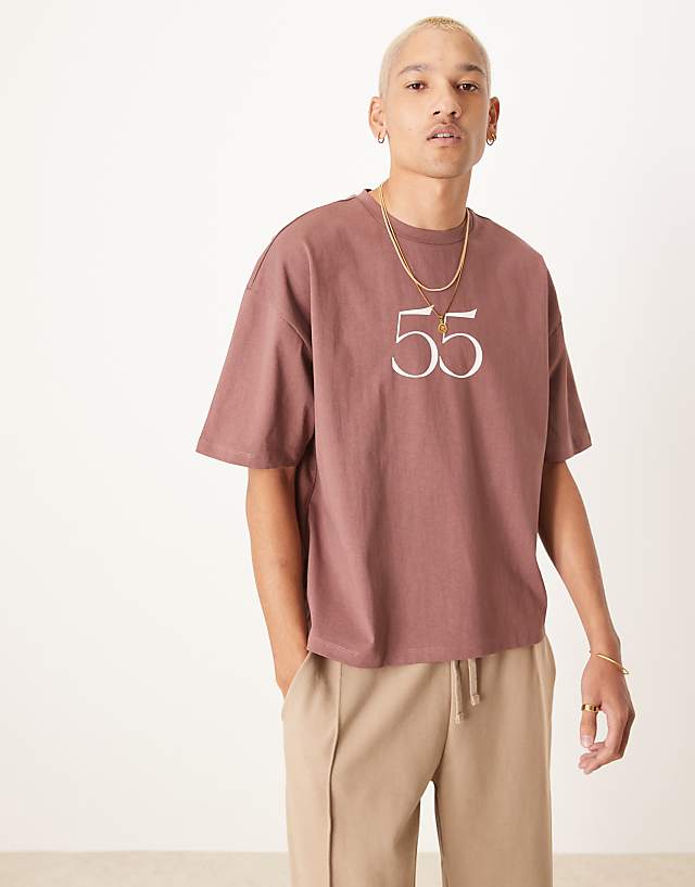 Asos ASOS DESIGN Boxy Oversized T-shirt With Number Print In Burgundy