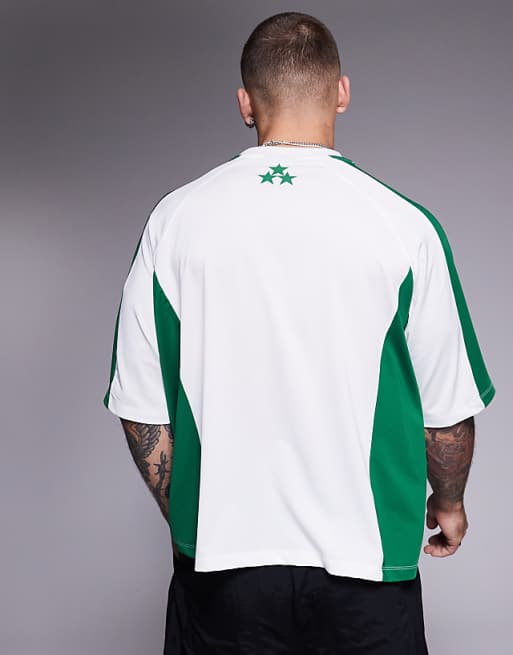 Asos ASOS DESIGN Boxy Oversized T-shirt With Panelling And Text Graphic In White Sports Fabric