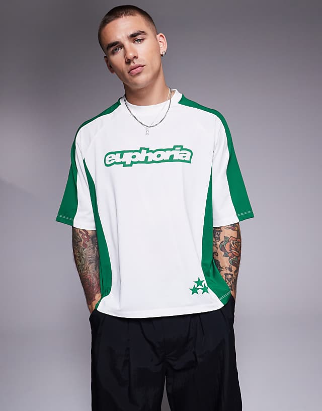asos ASOS DESIGN boxy oversized t-shirt with panelling and text graphic in white sports fabric