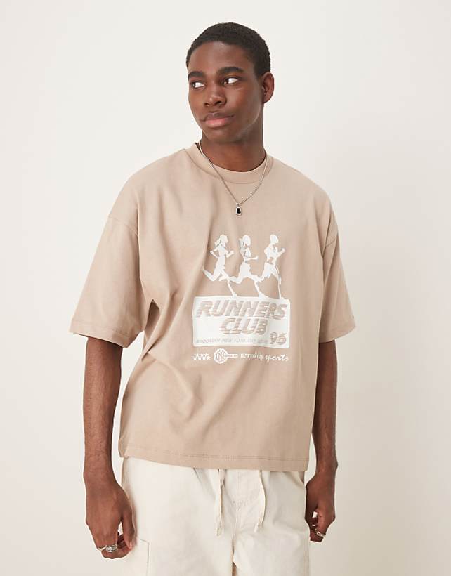 asos ASOS DESIGN boxy oversized t-shirt with running club graphic in beige