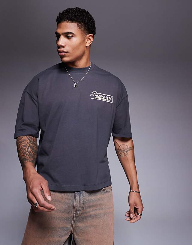 Asos ASOS DESIGN Boxy Oversized T-shirt With Scenic Graphic In Charcoal
