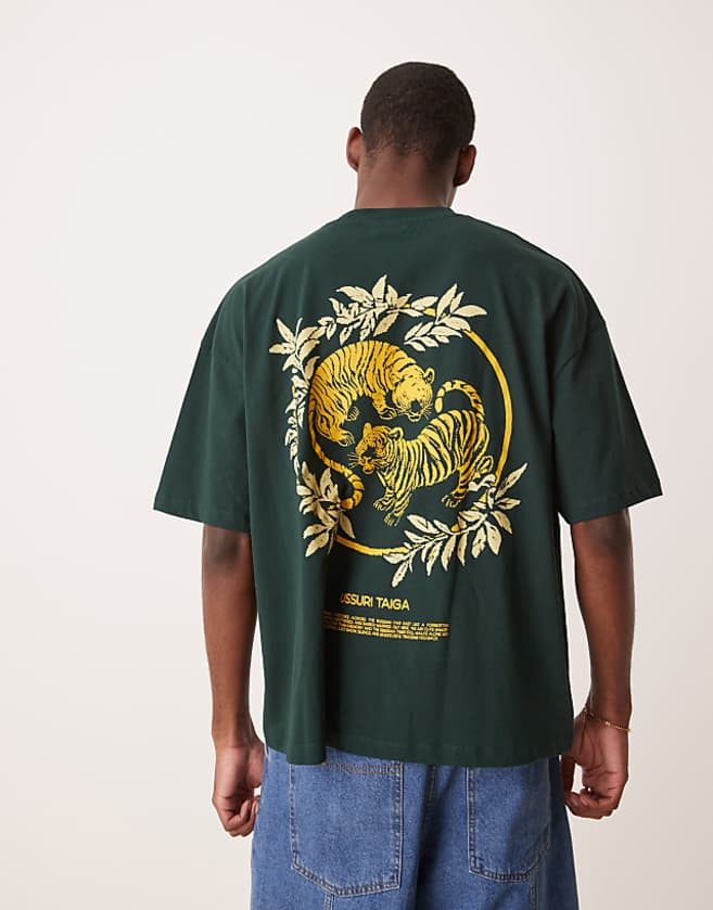 asos ASOS DESIGN boxy oversized t-shirt with souvenir graphic in dark green