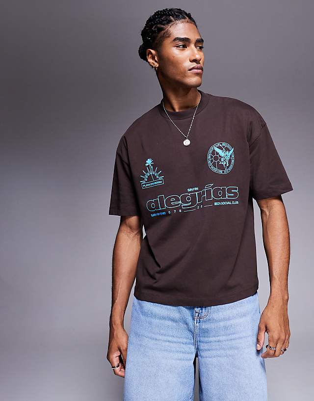 asos ASOS DESIGN boxy oversized t-shirt with sport graphic in brown