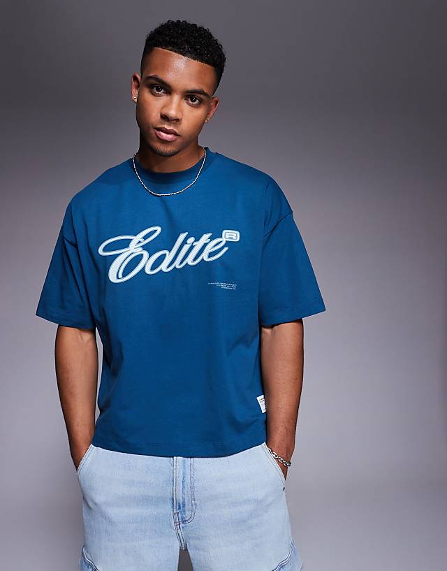 asos ASOS DESIGN boxy oversized t-shirt with text graphic in blue