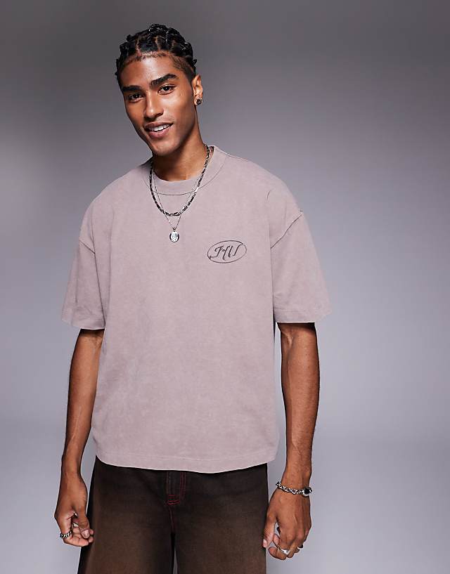 Asos ASOS DESIGN Boxy Oversized T-shirt With Text Graphic In Washed Brown