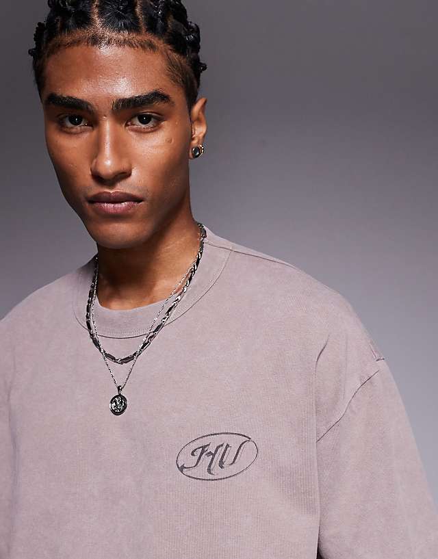 Asos ASOS DESIGN Boxy Oversized T-shirt With Text Graphic In Washed Brown