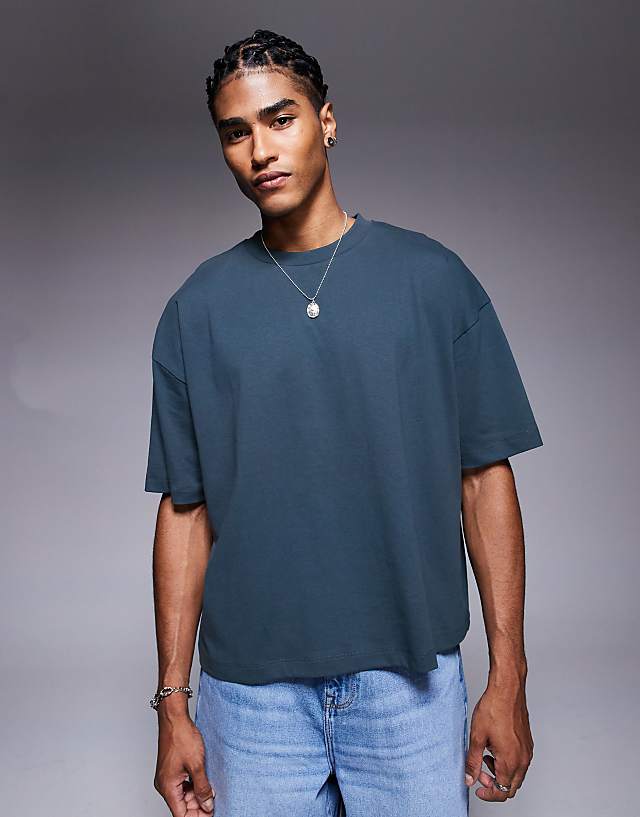 Asos ASOS DESIGN Boxy Oversized T-shirt With Text Graphic In Grey Blue