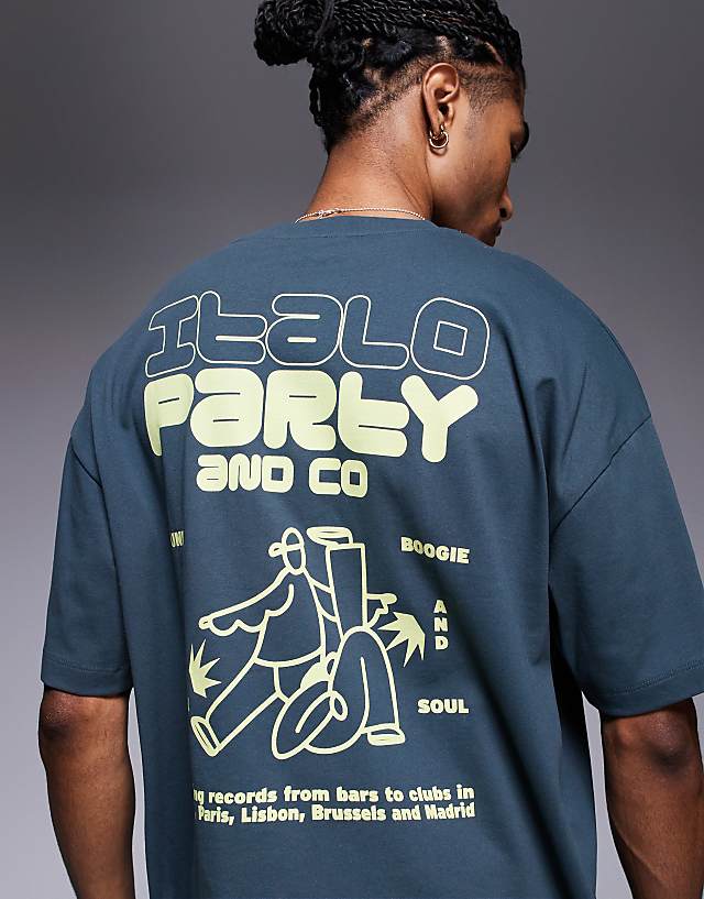 Asos ASOS DESIGN Boxy Oversized T-shirt With Text Graphic In Grey Blue