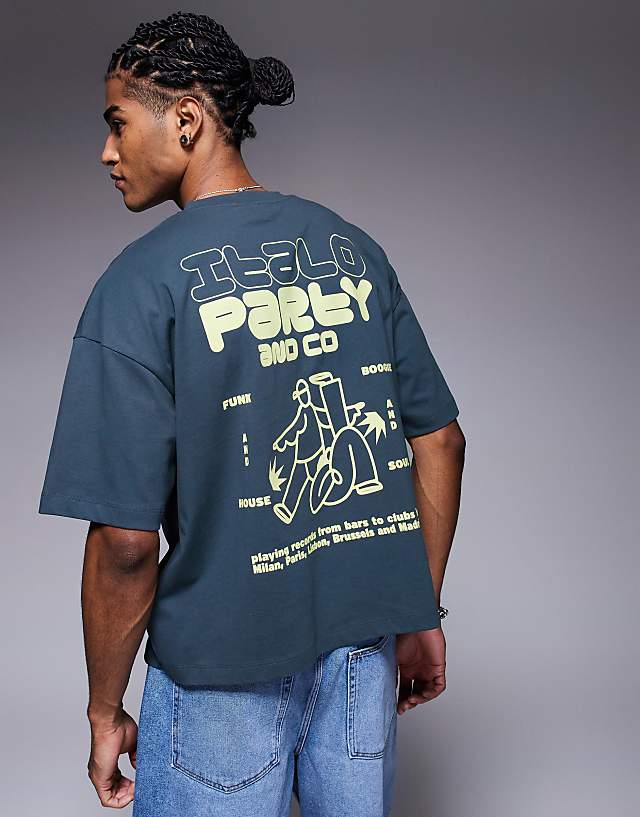 asos ASOS DESIGN boxy oversized t-shirt with text graphic in grey blue