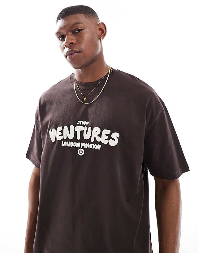 asos ASOS DESIGN boxy oversized t-shirt with text graphic in brown