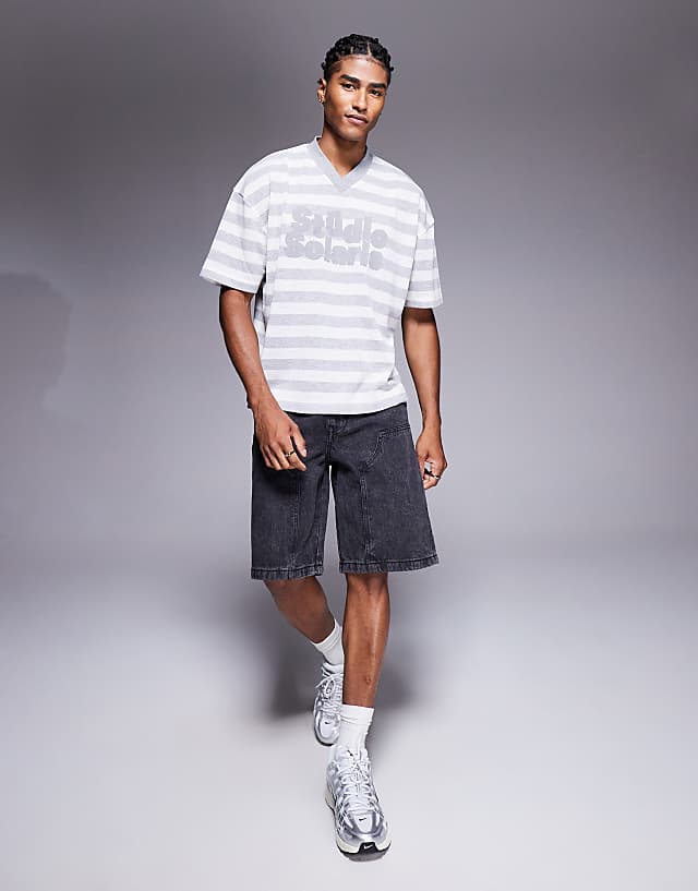 Asos ASOS DESIGN Boxy Oversized T-shirt With V-neck And Text Graphic In Textured Stripe