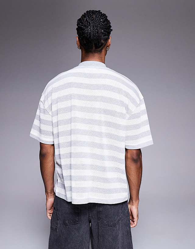 Asos ASOS DESIGN Boxy Oversized T-shirt With V-neck And Text Graphic In Textured Stripe