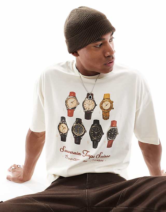 Asos ASOS DESIGN Boxy Oversized T-shirt With Watches Graphic In Off White